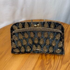 1940s Broadway Fold-Over Clutch Black/Gold Hand Beaded Clutch